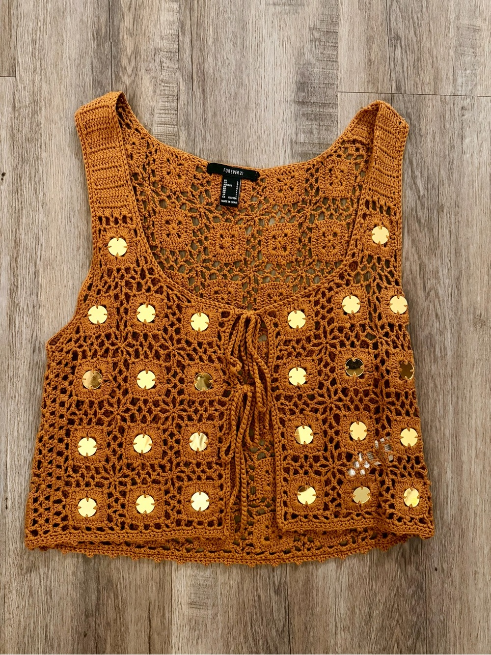 Forever 21 Crochet Tie-Front Tank Top - Rust/Gold Sequin